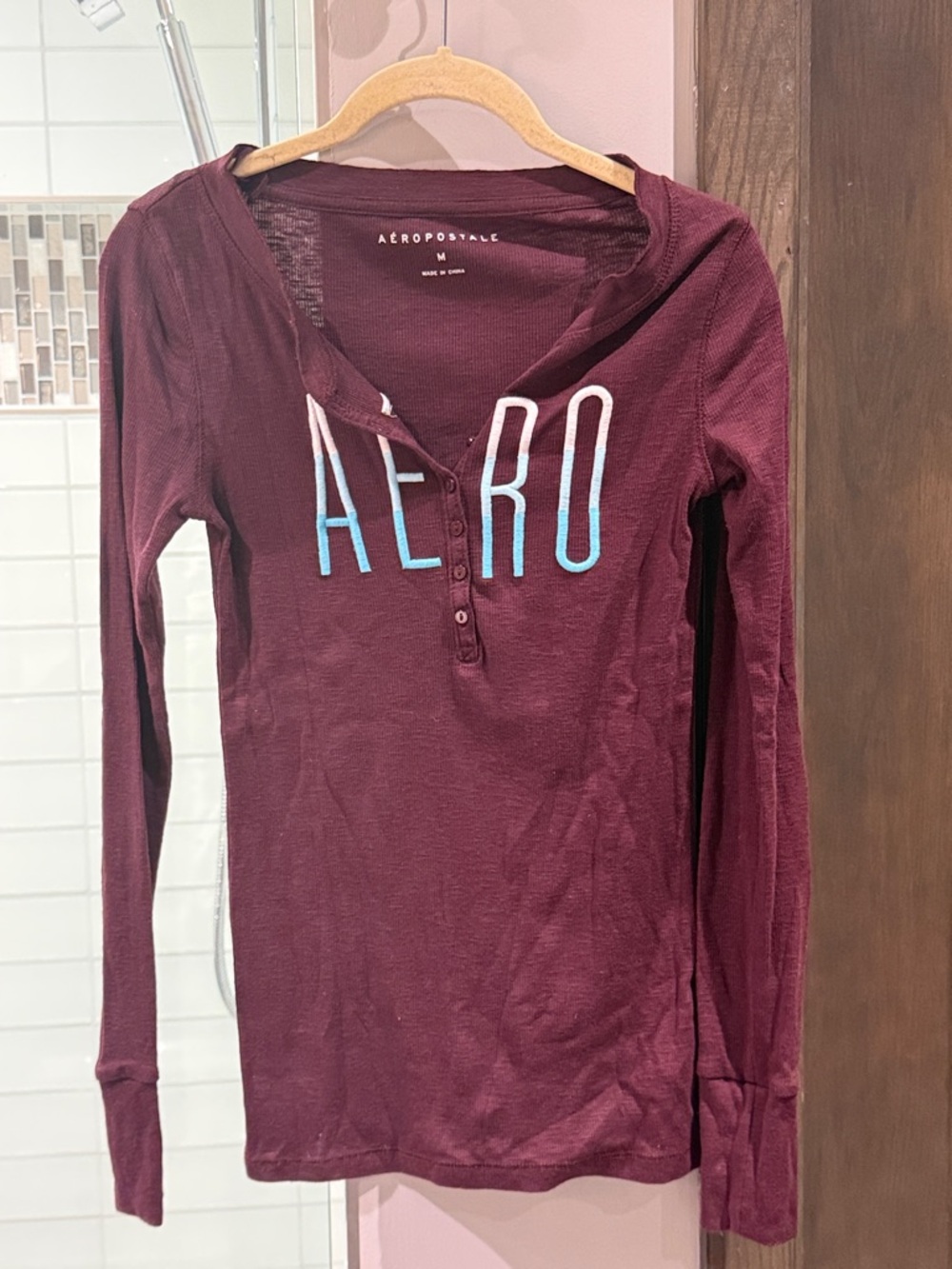 Aeropostale Burgundy Long Sleeve Henley with White Lettering